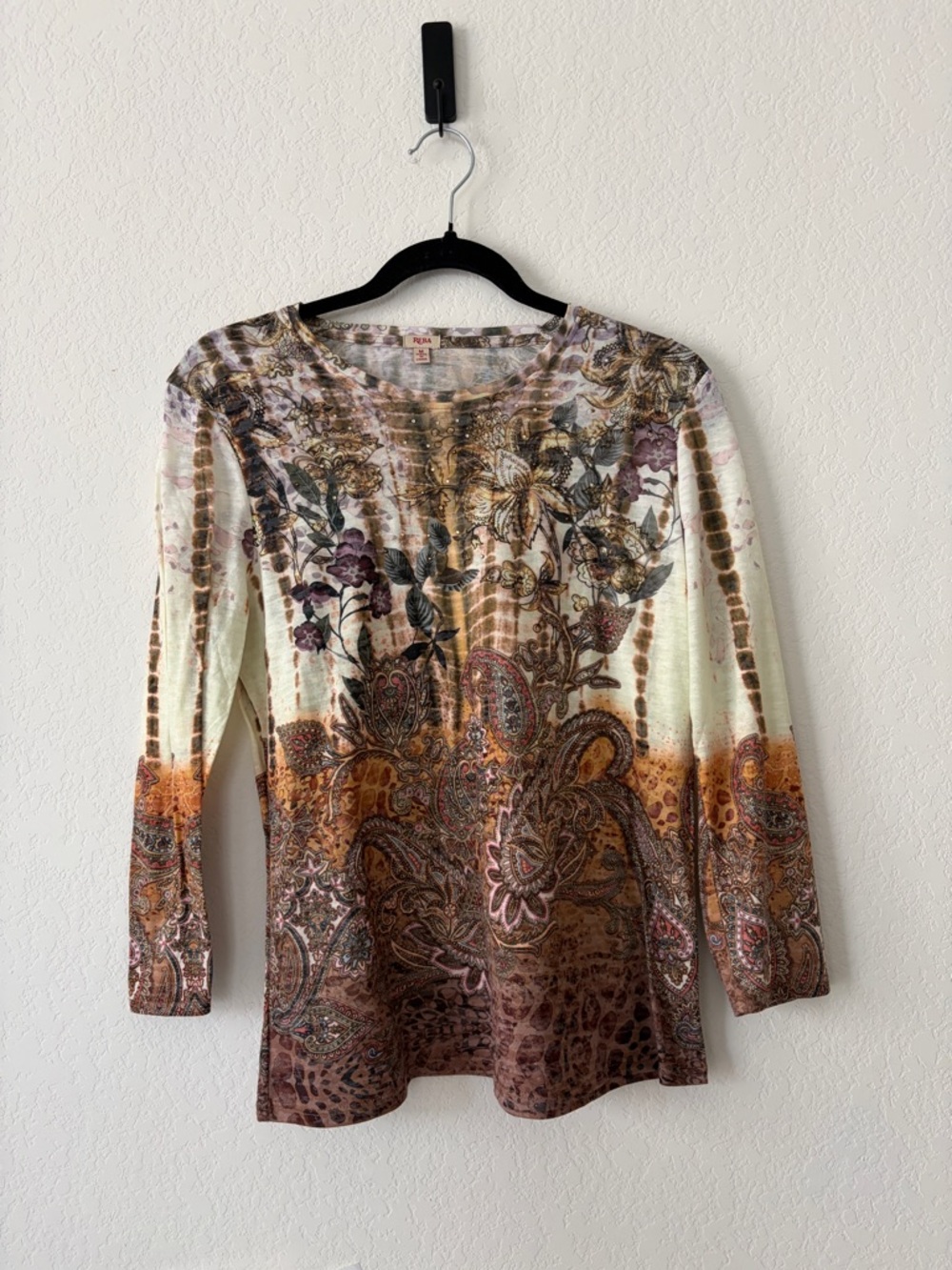 Reba Paisley Floral Rhinestone Top Y2K Boho Fairycore Long Sleeve M